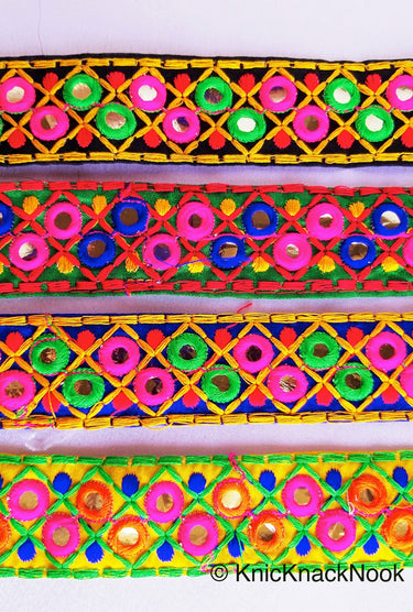 Green Cotton Fabric Mirrored Trim With Embroidery In Fuchsia Pink, Blue, Red & Yellow Threads